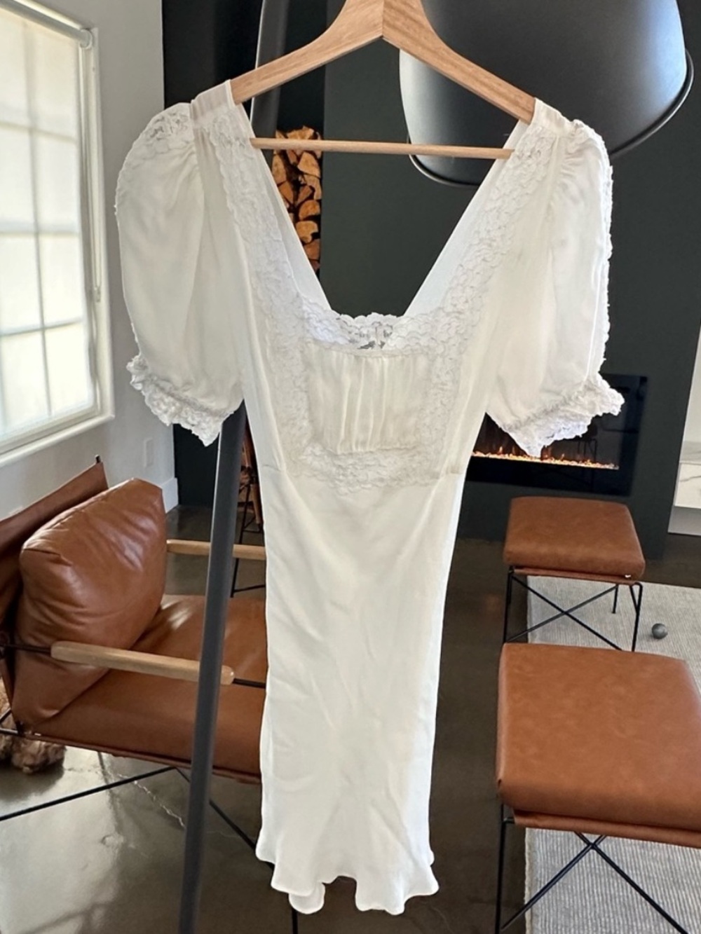 Stone Cold Fox- White Lace-Trim Puff Sleeve Mini Dress